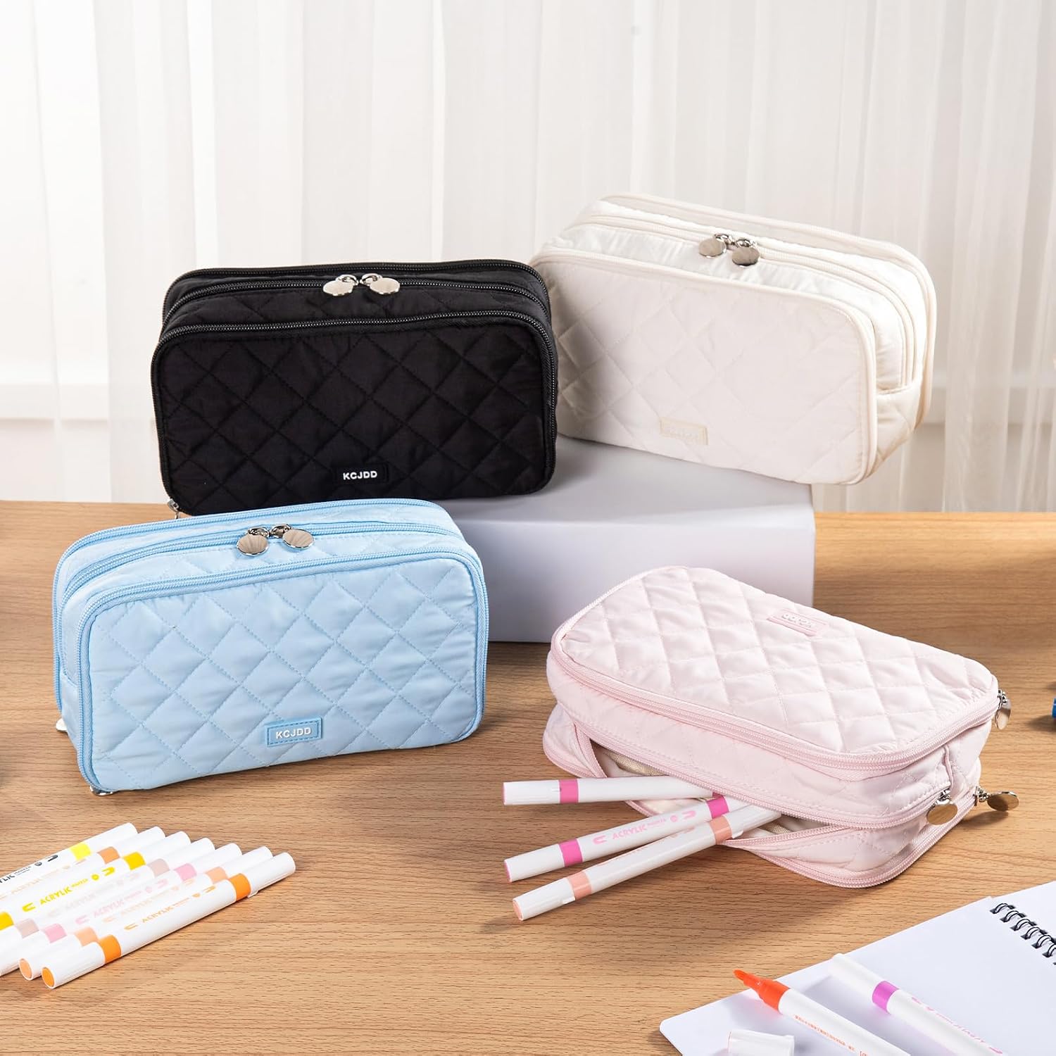 Cute Pencil Case for School, Soft Quilted Pencil Pouch Organizer with 3 Compartments, Large Double Zipper Pencil Bag for Teen Girls, Boys & Women (Beige) thumbnail