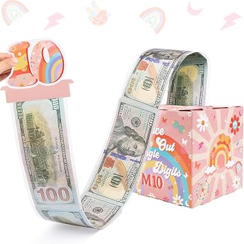Jollyboom Groovy 10th Birthday Money Box, Peace Out Single Digits Im 10 Pull Out Money Gift Box for Cash Gift Bday 10 Year Old Girl