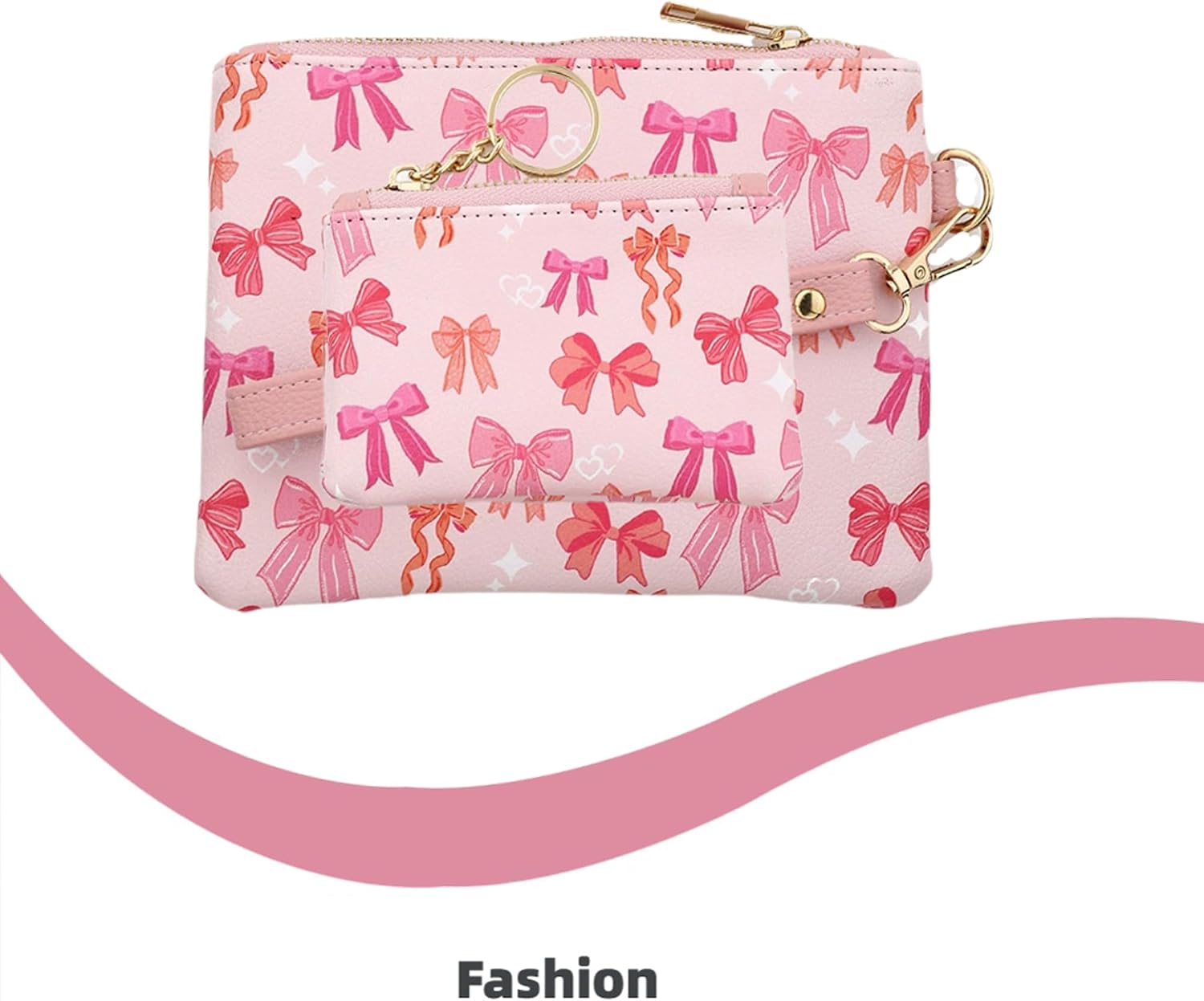 Flower Pattern Wristlet Wallets for Women Wrist Coin Purse with Zipper PU Leather Change Purse for Cash Key (Bow)