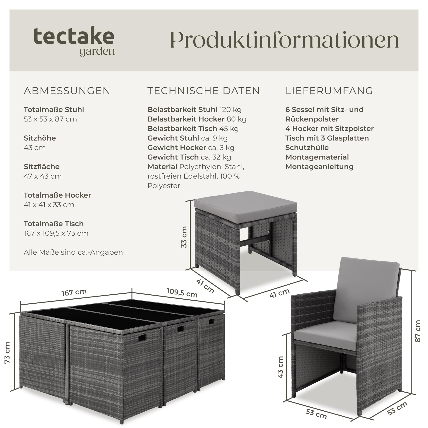 tectake® Outdoor Balkon Gartenmöbel Set, Lounge mit 6 Stühlen, 4 Hocker und 1 Tisch, Poly Rattan Geflecht, wetterfest, platzsparend - grau