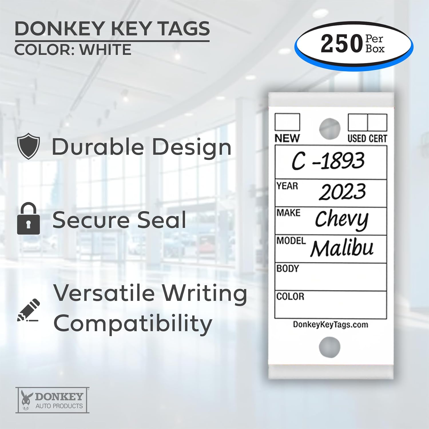 Donkey Key Tags, Laminated Self-Protecting (250 Tags Per Box with Metal Rings) (White)