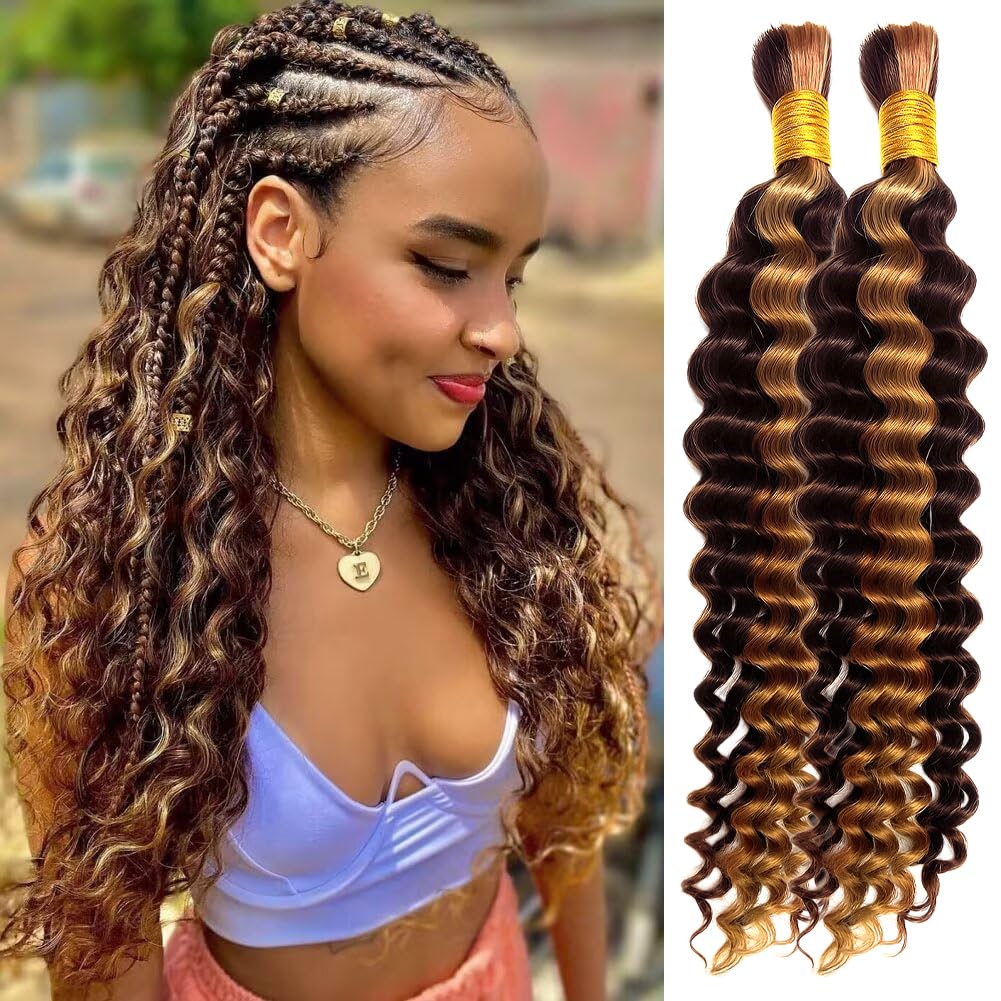 Human Braiding Hair Boho Braids Hair 100g (2 Bundles x 50g) Bundle Deep Wave Bulk Braiding No Weft 100% Unprocessed Brazilian Virgin Human Hair Extensions P4/27 Color (14 14 inch/100g)