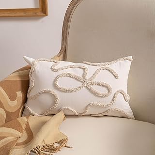 Coquette Bow Tufted Throw Pillow Cover 12x 20, Boho Neutral Linen Pillow...