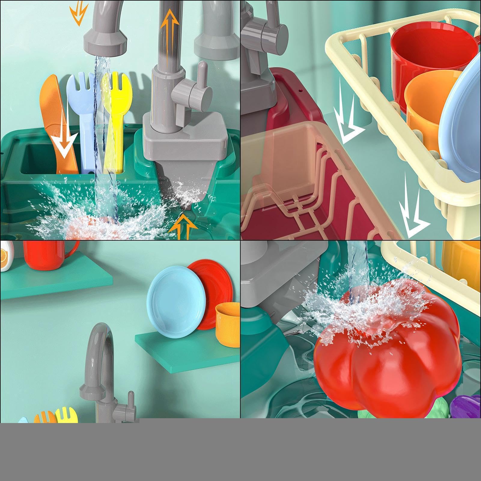 Da Gioco Con Acqua Corrente - Giocattolo Per Lavastoviglie Per Bambini | Set Di Giocattoli Per Giochi Di Ruolo Da Cucina Con Rubinetto Funzionante | And Cutting Food Fruits Vegetables A