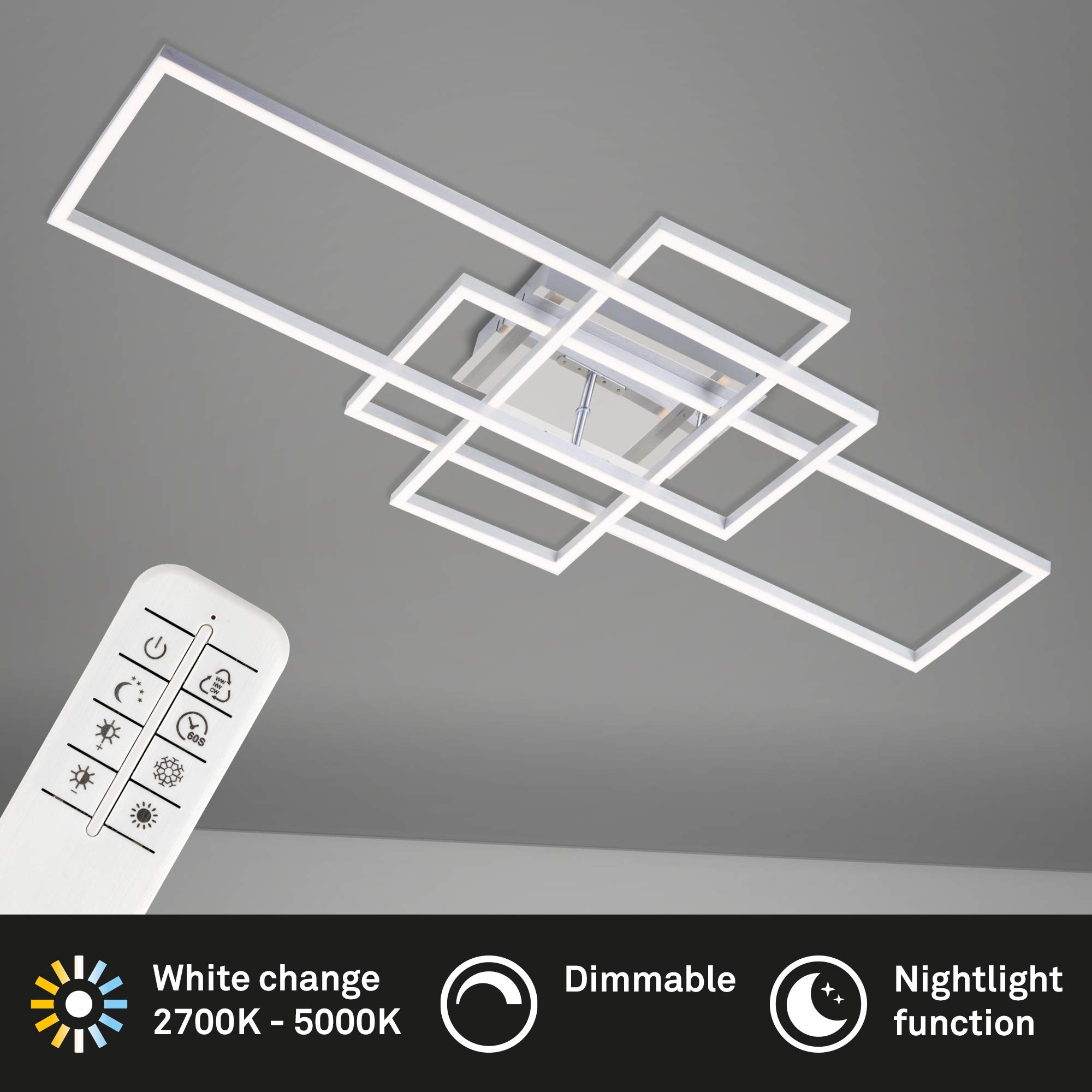 BRILONER - LED Deckenlampe mit Fernbedienung, dimmbar, einstellbar von warmweiß bis neutralweiß, Lampe, LED Deckenleuchte, Wohnzimmerlampe, Schlafzimmerlampe, Küchenlampe, 104x42x10 cm, Chrom-Alu