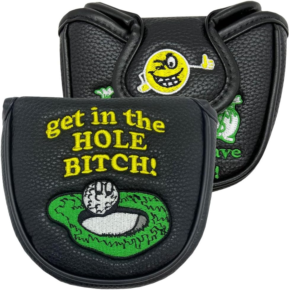 Giggle Golf Mallet Putter Cover, PU Leather with Colorful Embroidered Designs and Magnetic Closure, for Men & Women (Get in The Hole)