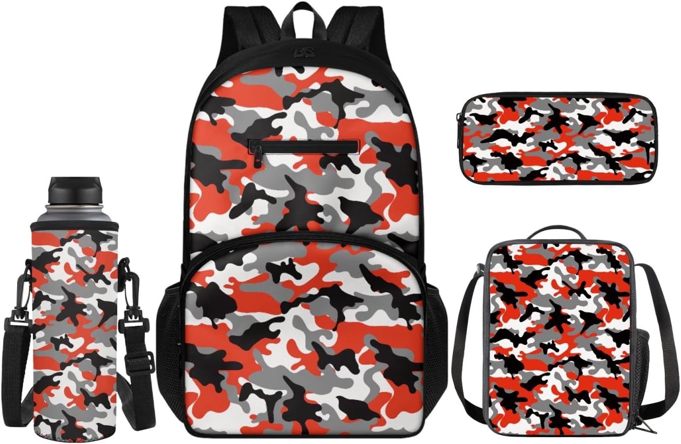 Camo Boys Backpacks for Middle School Elementary, Casual School Bags Bookbags Daypacks with Lunch Bag Pencil Box Water Bottle Holder 4-in-1 Set Travel Bag Accessories