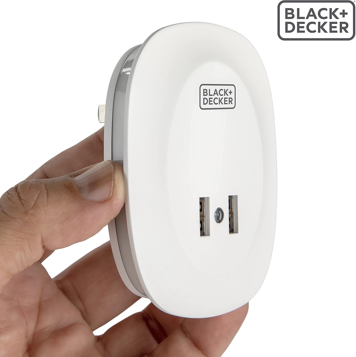 BLACK+DECKER Night Light Plug in with 2 USB Charging Ports, Photocell Sensor, 10 Lumen, 2 Pack