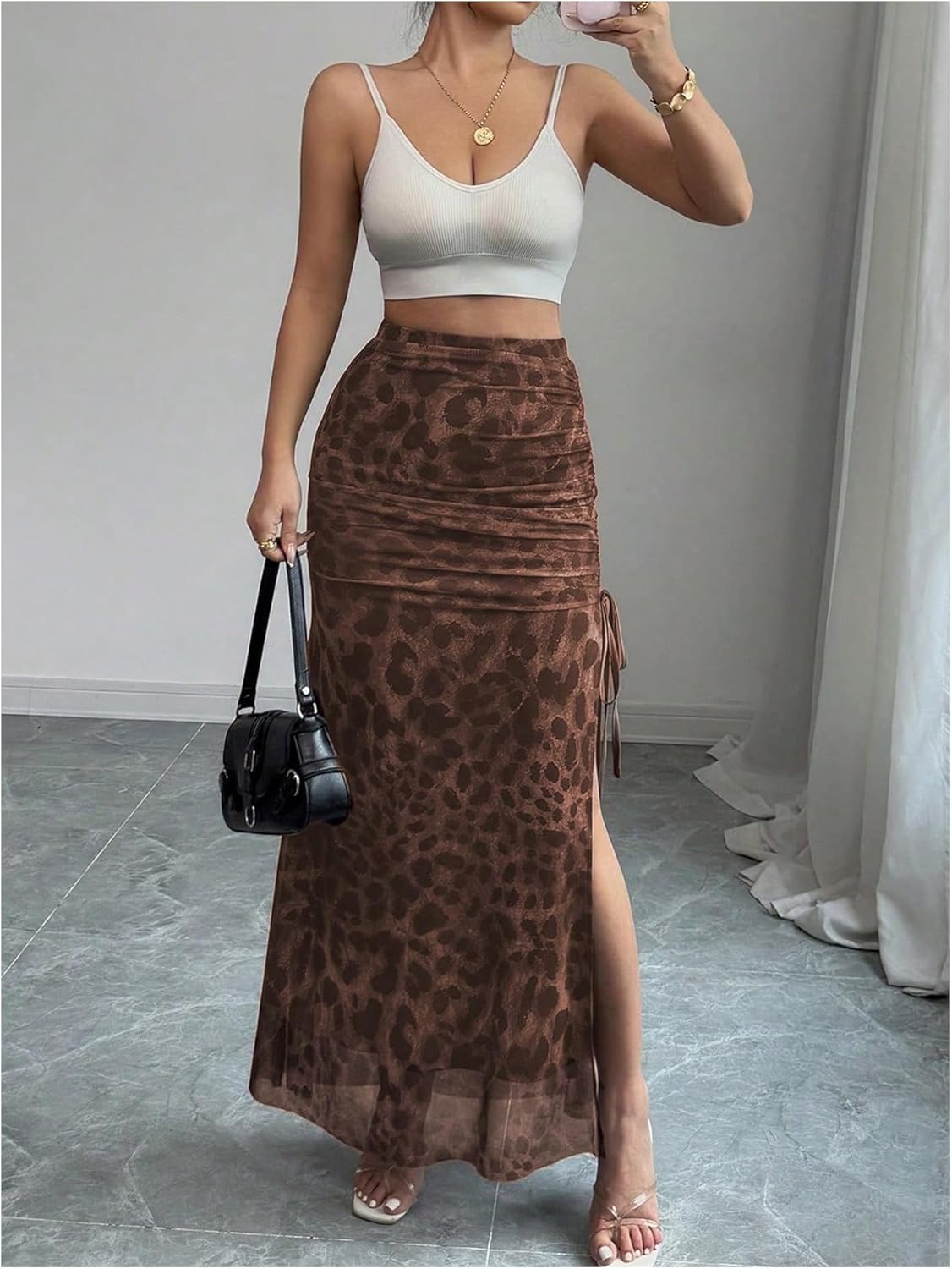 SHENHE Women's Chiffon Leopard Print Ruched Drawstring Split Thigh Bodycon Maxi Skirt - Image 4