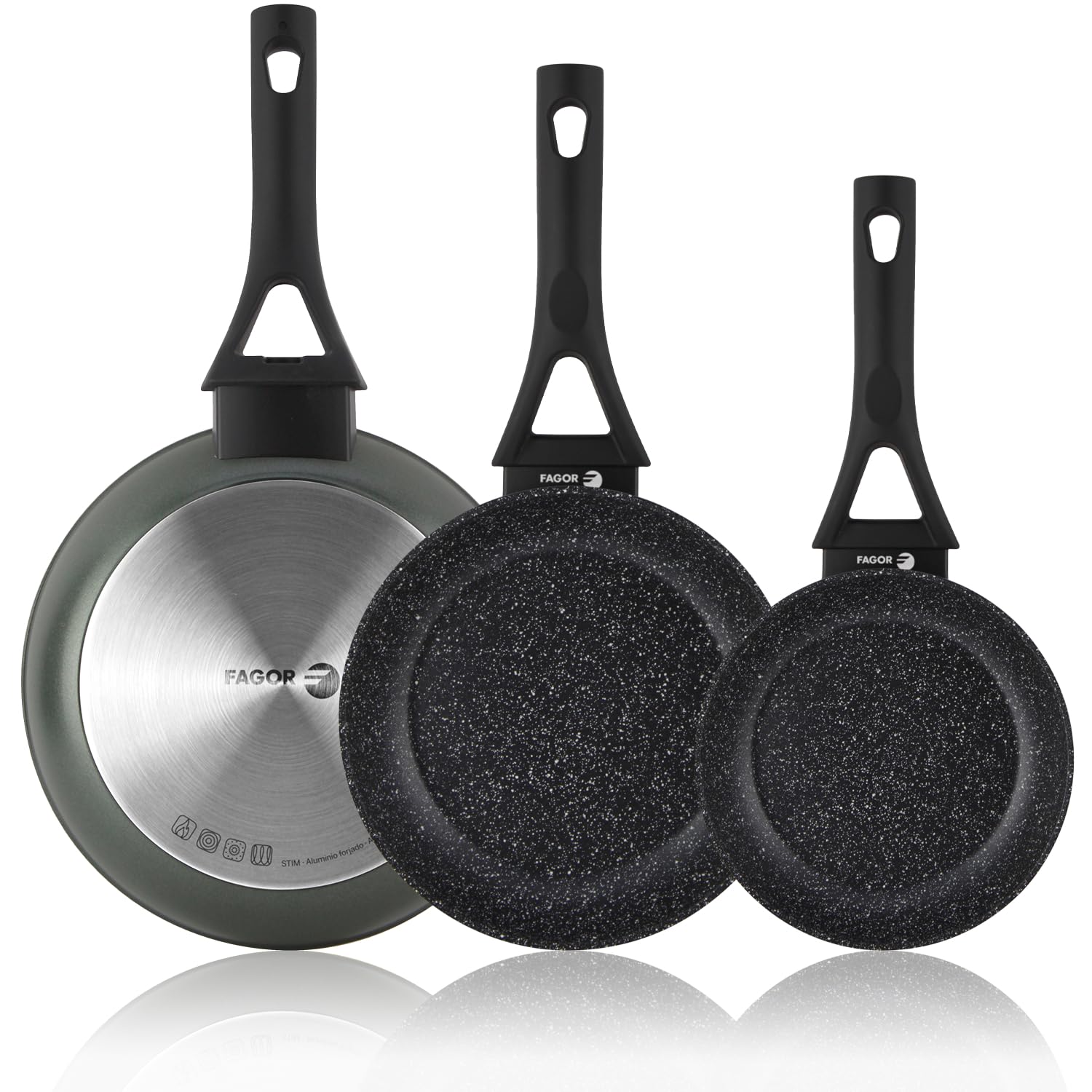 Fagor Stim - Set di padelle grigie 18+22+26 cm, antiaderente, a induzione, manico ergonomico con salvafiamme, privo di PFOA, Cadmio e piombo