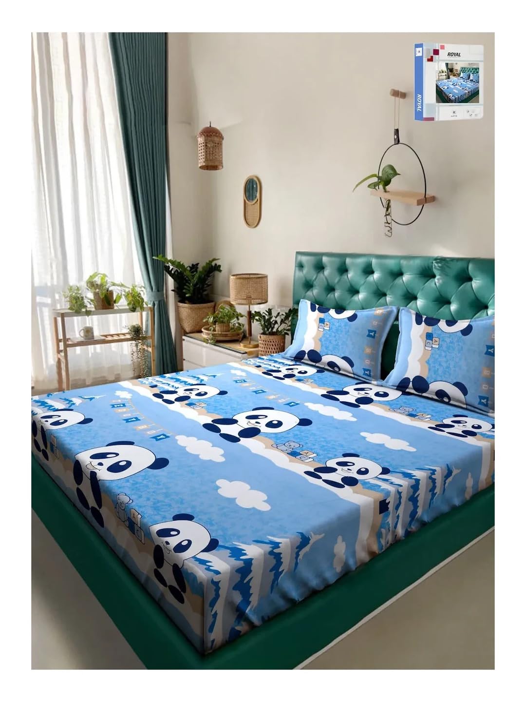 KLOTTHE Cute Blue Panda & Clouds Printed Glace Cotton Double Bedsheet (90x100 Inches) with 2 Pillow Covers - Kids & Teen Bedroom Decor