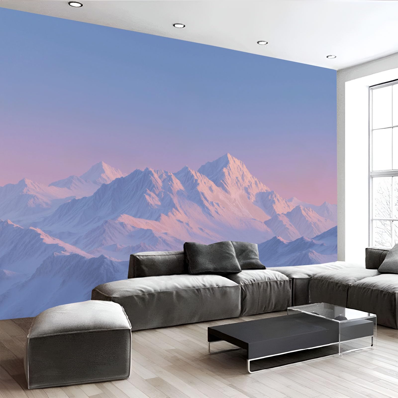 Papier peint panoramique montagnes enneigées pour illuminer un salon sombre