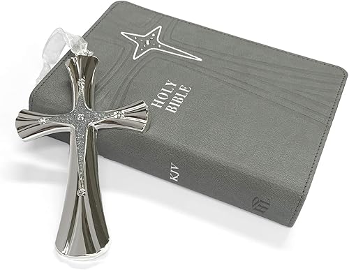 Juego de regalo bíblico gris con Biblia KJV y adorno de cruz plateado con cristales de Swarovski