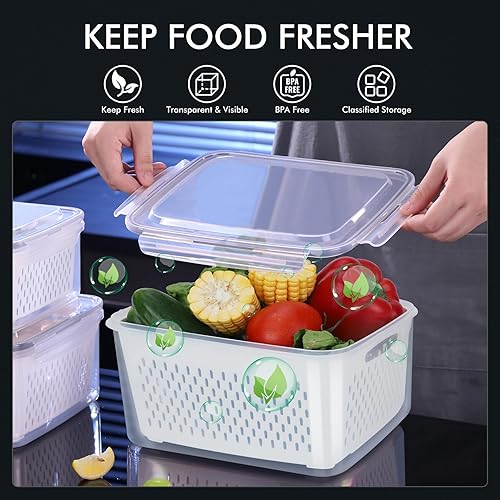 Miniatura 3 de HOTEC Paquete de 5 recipientes grandes de almacenamiento de frutas para refrigerador a prueba de fugas con colador extraíble, sin BPA, apto para
