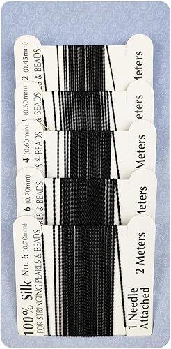 The Hobbyworker - 5 hilos y agujas de seda para cuentas tamaño 246, color negro para anudar perlas, cristales, piedras preciosas y cuentas