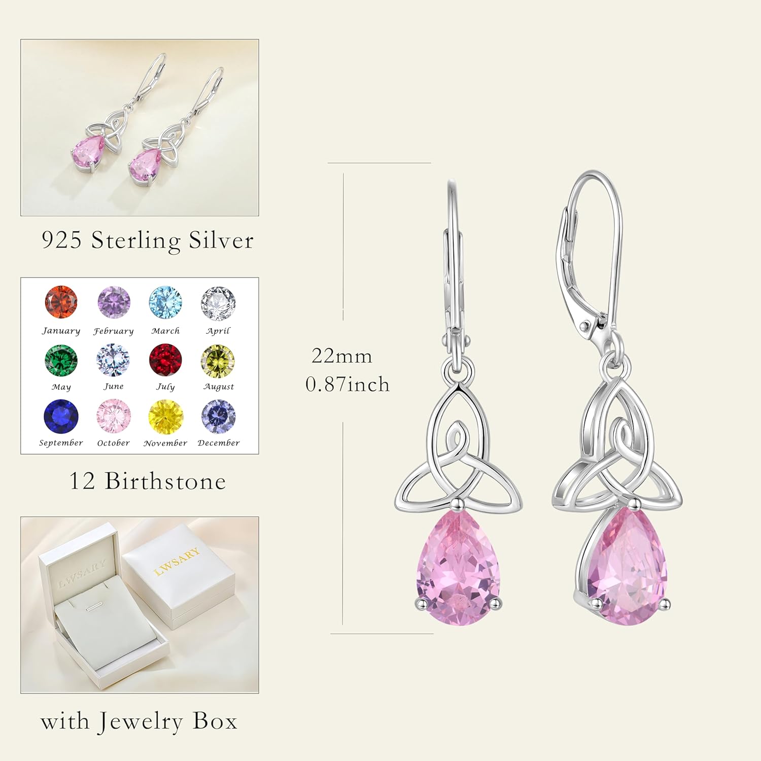 Irish Celtic Knot Dangle Drop Earrings 925 Sterling Silver Teardrop Leverback Earrings Birthstone Jewelry Gifts for Women - Image 6