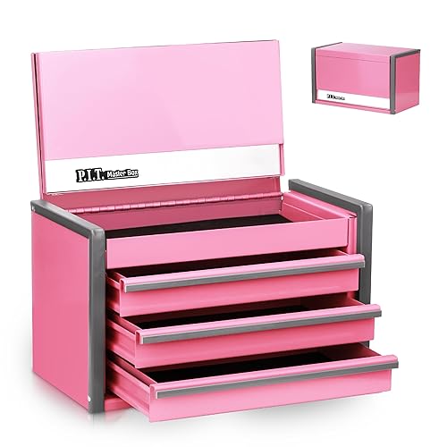 P.I.T. Mini Pink Tool Box, Portable 3 Drawer Steel Stackable Tool Box with Magnetic Tab Locking, Pink Micro Top Chest with Liner for Tools Storage and Organizers, Home DIY - 3-Drawer - Pink