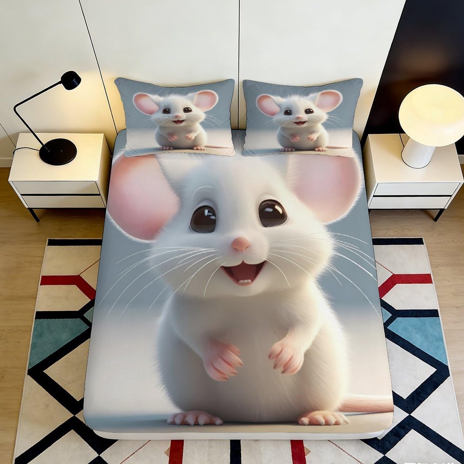 3D Printed Cartoon Mouse Fitted Sheet Microfiber Deep Pocket Bedroom Bedding Cartoon Mouse Mattress Fitted Cover Non-Slip Wrap 180x200x25cm