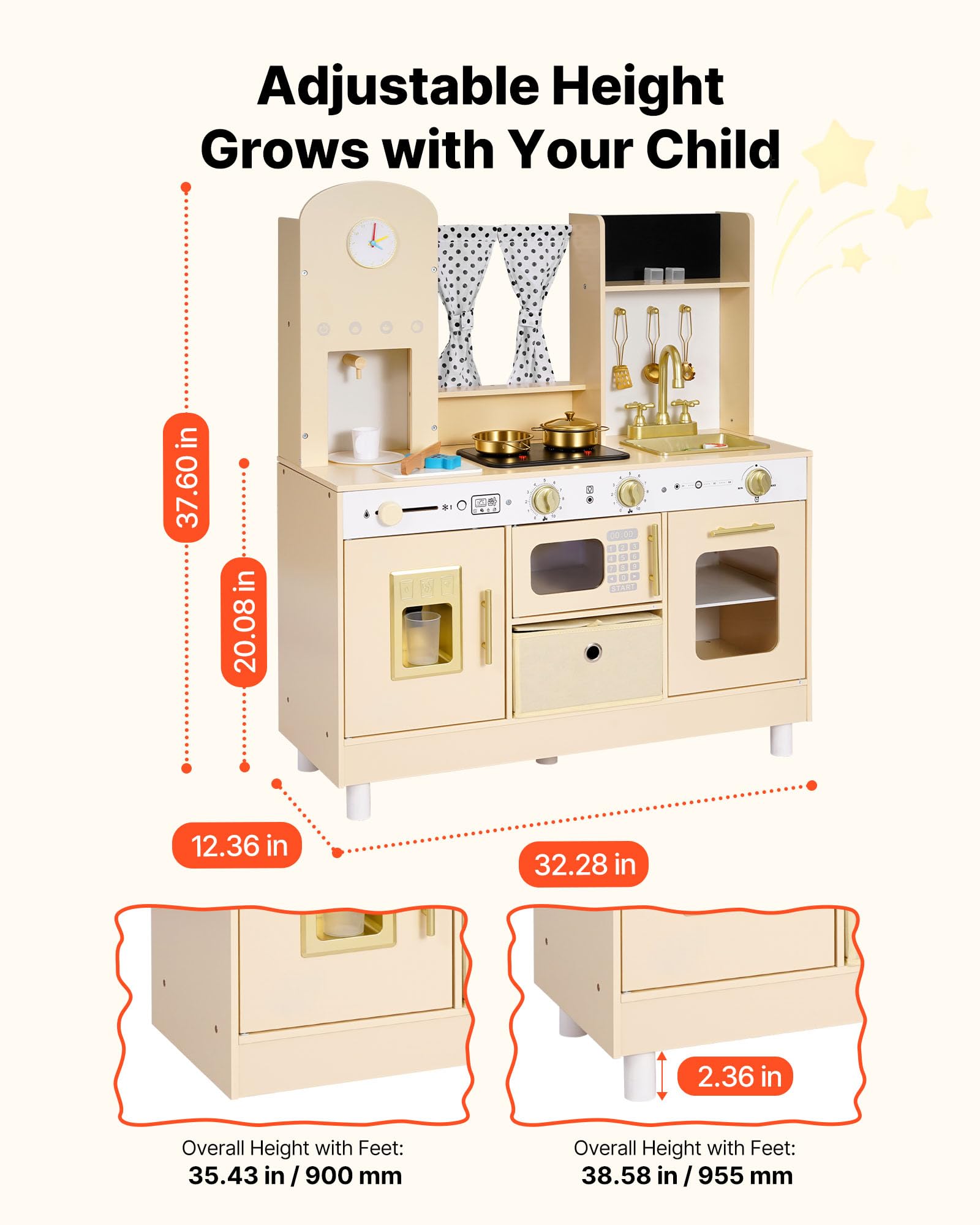 VEVOR Cocina de Juguete para Niños de 3 a 8 Años, Cocinita Infantil de Madera con Luces y Sonidos, Áreas Interactivas, Accesorios, Microondas, Máquina de Hielo, Juego de Cocina con Almacenamiento