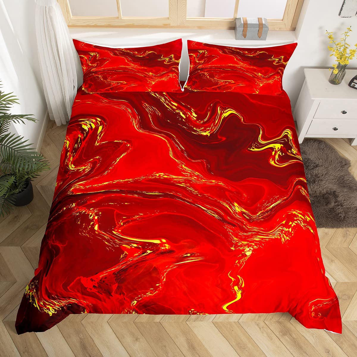 Red Marble Duvet Cover Set Double Size, Luxurious Red Gold Marbling Comforter Cover with 2 Pillowcases