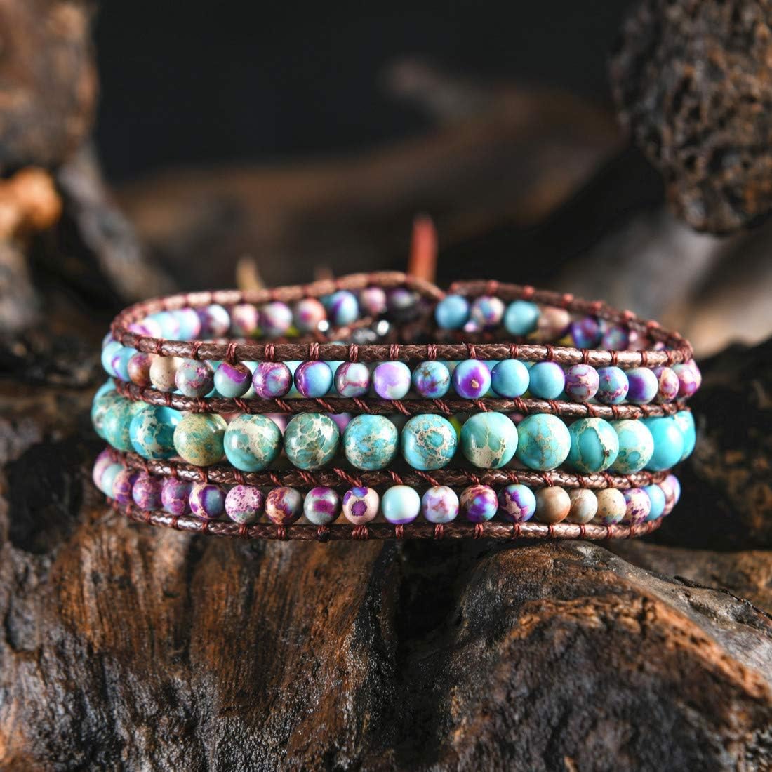 YGLINE Boho Handmade Natural Stone Bead 3 Row Wide Wrap Wrist Statment Bracelet Jewelry Collection - Image 4