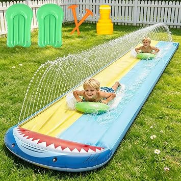 Water Slide Mat, TGKYK 15.7ft/480cm Slip Slide With 2 Bodyboards, Water Slides with Sprinkler, Double Lane Slip and Slide Water Slide for Kids Adults Outdoor Water Play Activities Shark