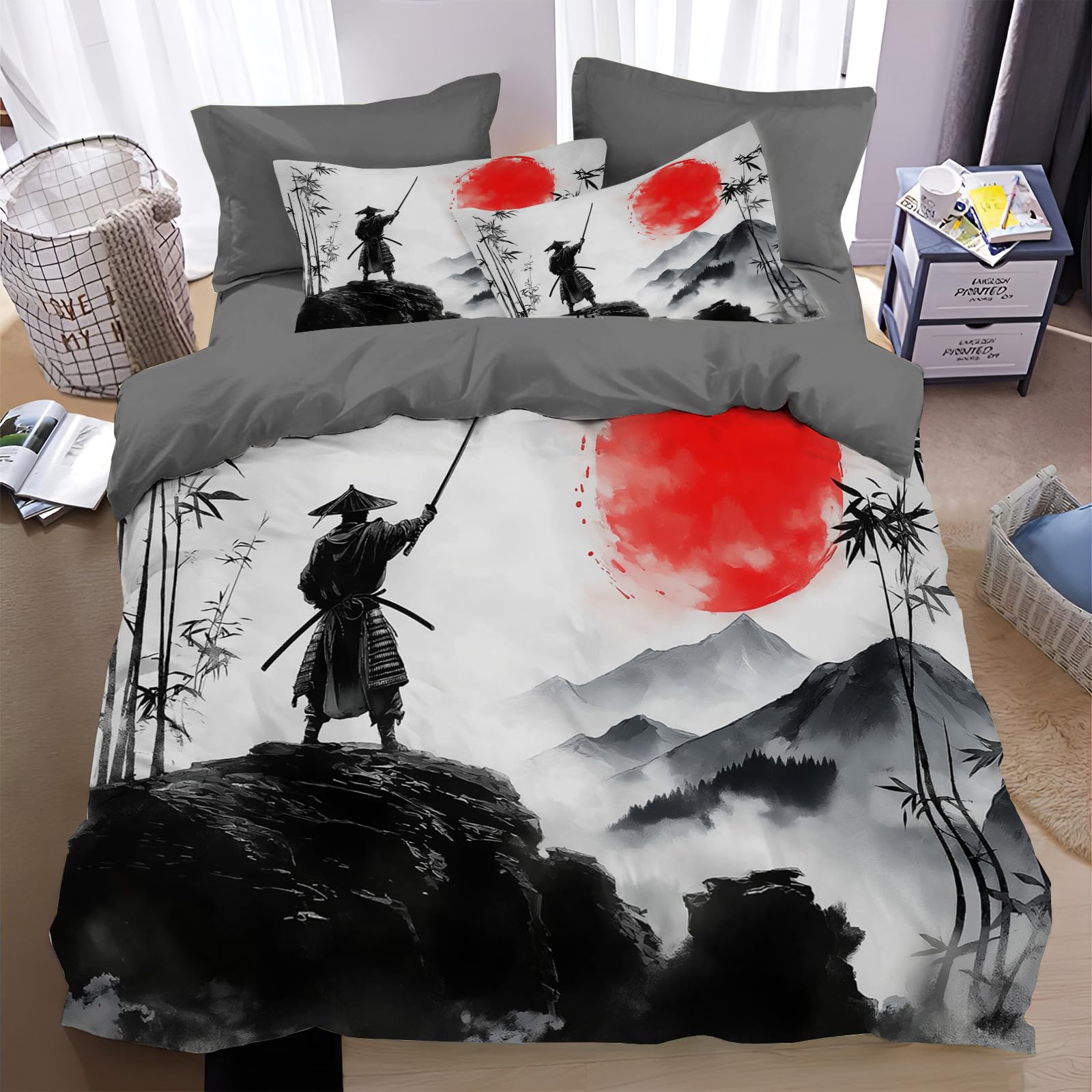 Housse de couette 200x200 cm samouraï épéiste peinture encre linge de lit adulte