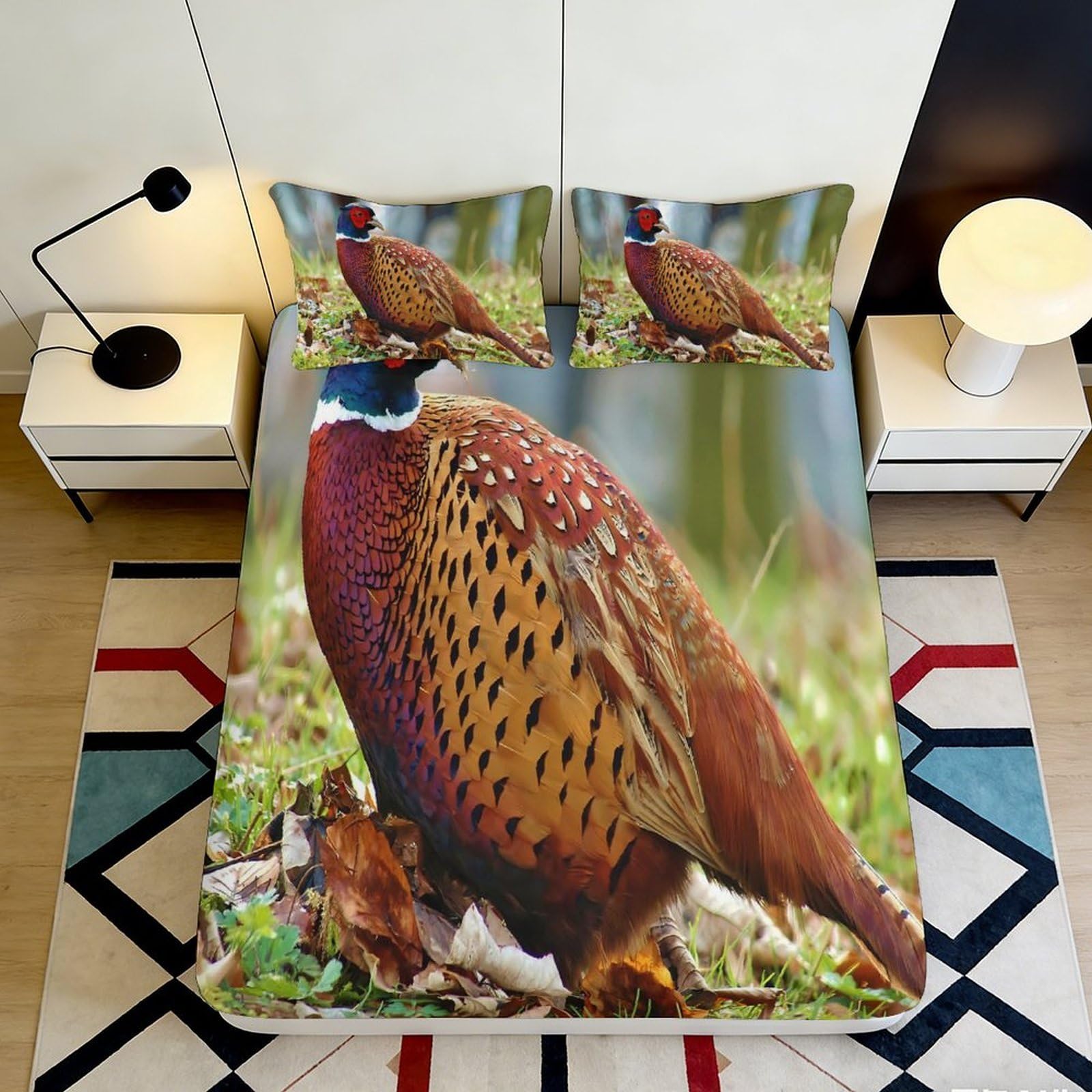 3D Printed Pheasant Forest Fitted Sheet Microfiber Soft Breathable Woodland Bird Bed Cover for Bedroom Dorm Mattress Protection Decor 160x200x25cm