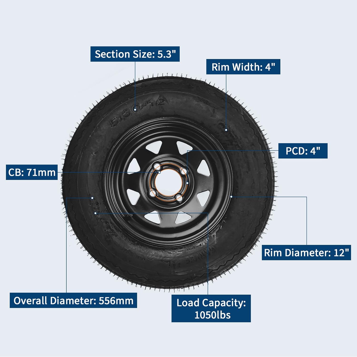 2-Pack Trailer Tire On Rim 5.30-12 530-12 5.30x12 Trailer Tires and 4 Lug on 4 in PCD 12 in Wheels Load Range C 6PR Black