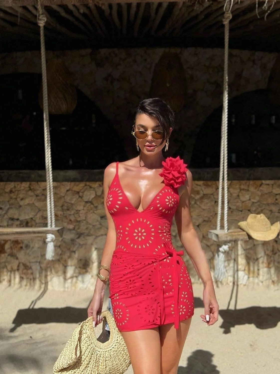 Summer New V-Neck Solid Color Floral 3D Decor Women 2 Pieces Swimsuit with Skirt, Red Eyelet Cutout One Piece Swimsuit