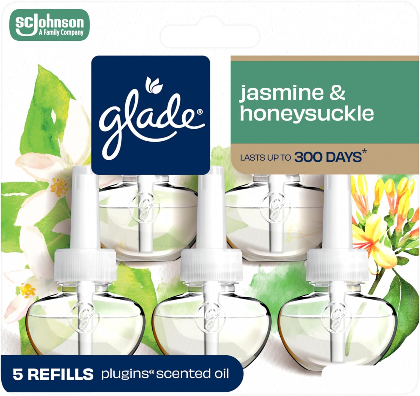 PlugIns Refills Air Freshener, Jasmine & Honeysuckle, Scented and Essential Oils for Home and Bathroom, 0.67 Fl Oz, 5 Count