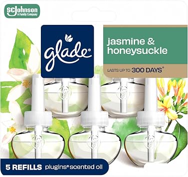 Glade PlugIns Refills Air Freshener, Jasmine & Honeysuckle, Scented and Essential Oils for Home and Bathroom, 0.67 Fl Oz, 5 Count