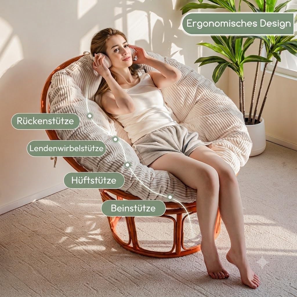 HIGOGOGO Coussin de fauteuil Papasan avec housse en velours côtelé (sans fauteuil), 120 x 120 cm, coussin de fauteuil rembourré luxuriant, beige