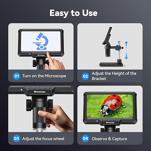 Miniatura 8 de Microscopio digital de pantalla IPS de 7 pulgadas, aumento de 10X-1200X, 2 luces de cuello de cisne, tarjeta SD de 32 GB, control remoto y soporte