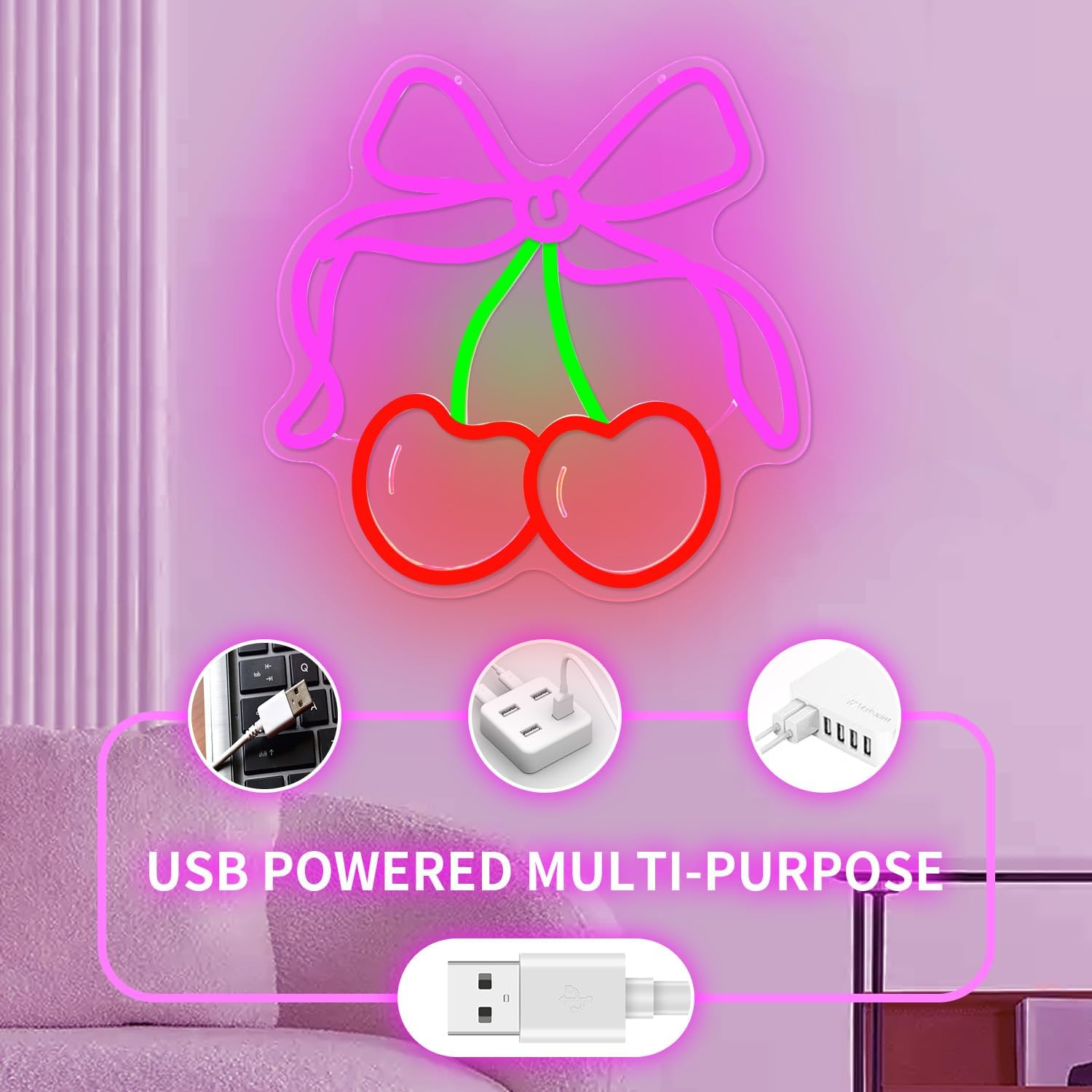 BowCherry Neon Sign for Wall Decor,Pink LED Neon Lights for Bedroom Home Dorm,Dimmable Bow Light Up Sign for Girl Bedroom Kids Room Shop Home Wedding Cherry Party Decorations