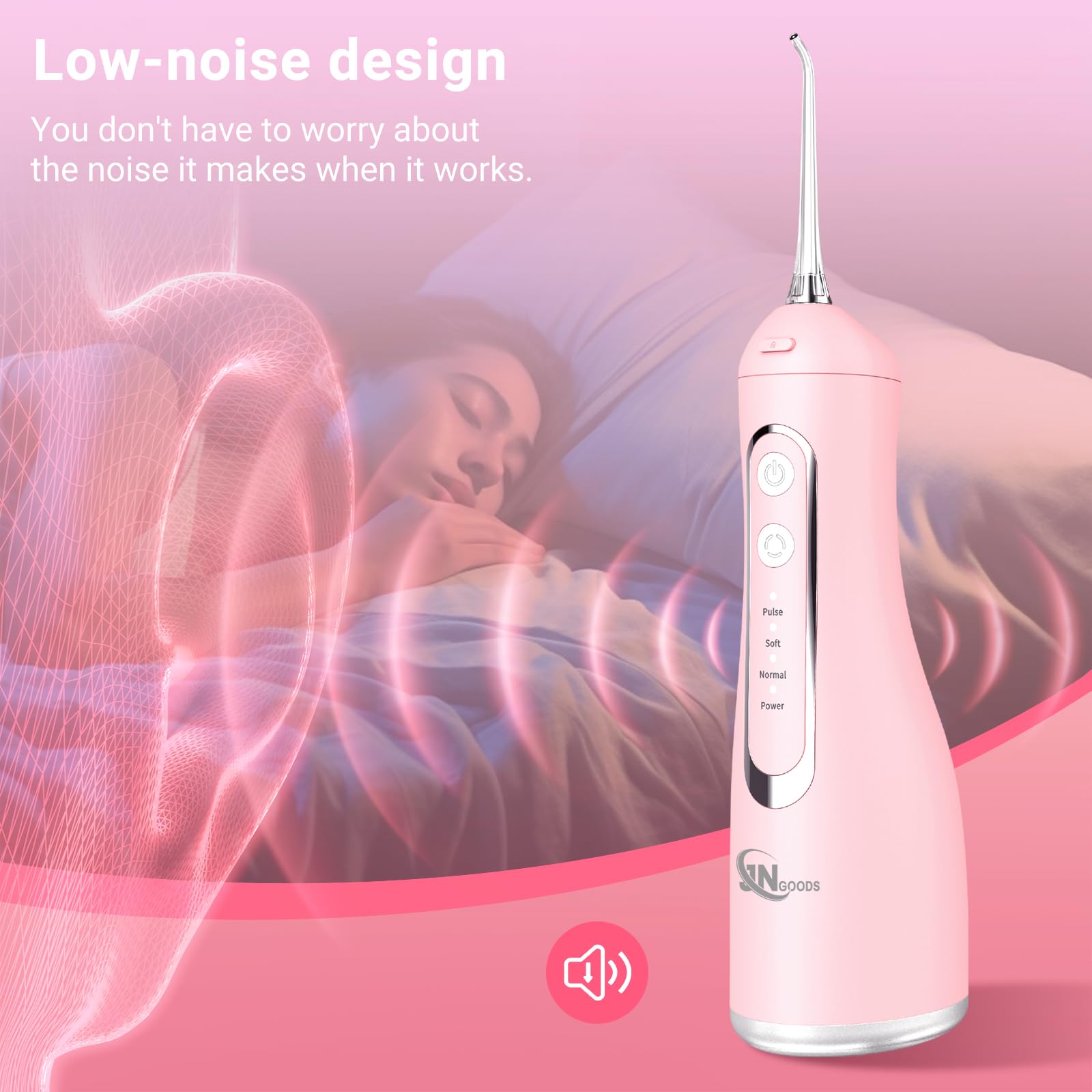 JNGOODS JNGOODS - Irrigador bucal inalámbrico de agua, 300 ml, recargable para dientes, IPX7, impermeable, 4 modos, irrigador oral portátil con 4 puntas de chorro, uso doméstico de viaje (rosa)