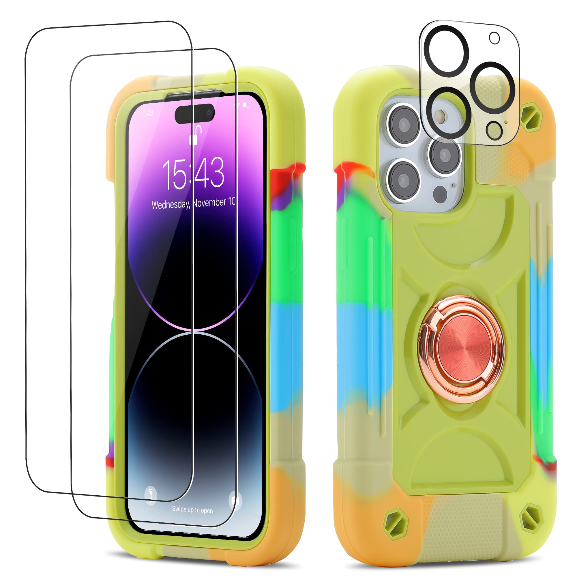 Cookiver for iPhone 14 Pro Max Case 6.7 Inch with Ring Stand, with 2 Pack Glass Screen Protector + 1 Pack Camera Lens Protector,Heavy-Duty Shockproof