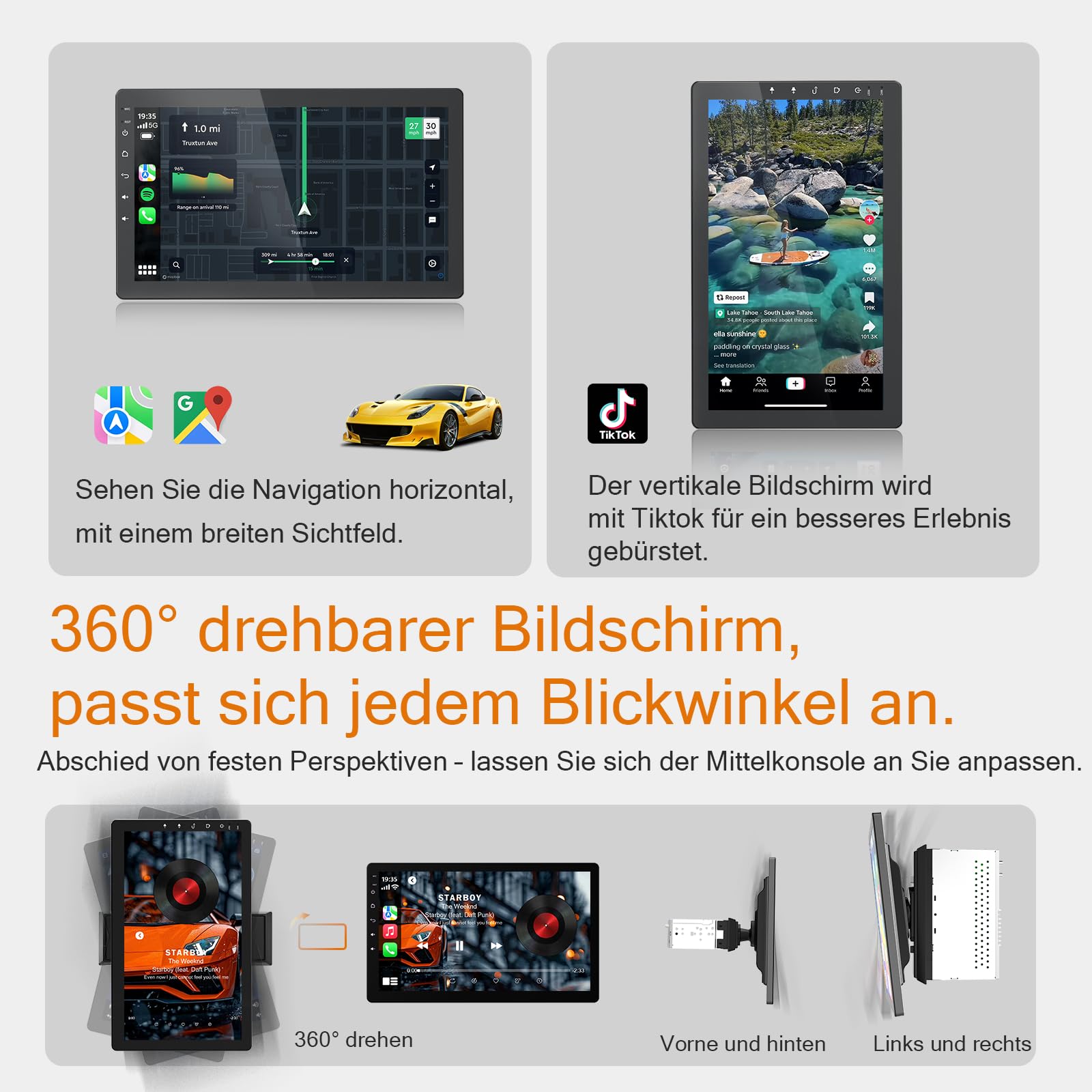Haudio 1Din Autoradio, mit 10 Zoll 360° drehbar Bildschirm,Kompatibel mit Wireless Apple CarPlay und Android Auto,Car Play IPS Touch Screen,1080P-Rückfahrkamera,Bluetooth 5.0,GPS-Navigation,FM/AM/RDS