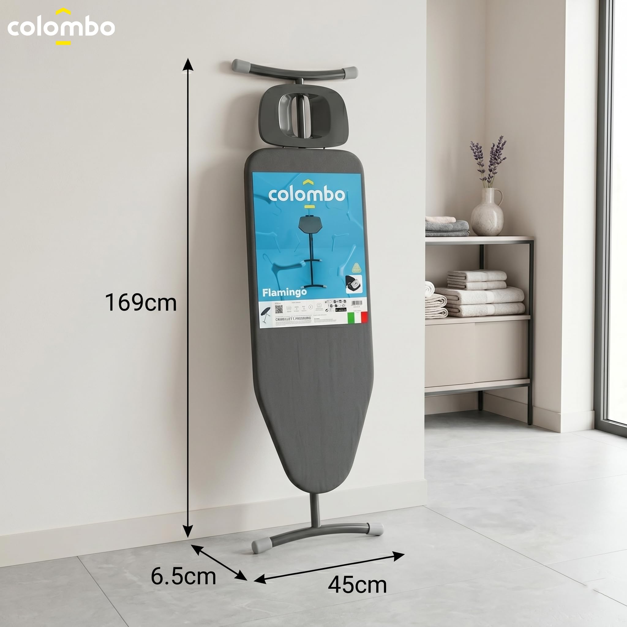 Colombo Asse da Stiro Flamingo 120x40cm con Poggiaferro Rinforzato | Asse da Stiro Pieghevole Altezza Regolabile Fino a 95cm con Copriasse 100% Cotone Metallizzato, Struttura Stabile | Made in Italy