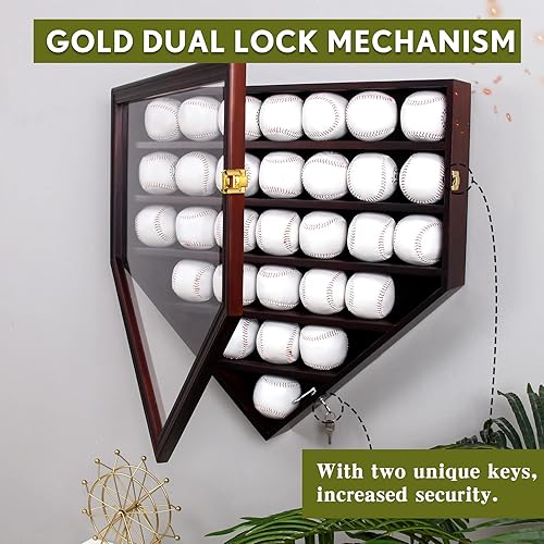 Miniatura 5 de ARRAWIS Vitrina de béisbol de madera maciza 30 soportes de béisbol para montaje en pared caja de sombra de béisbol con cerradura anti decoloración