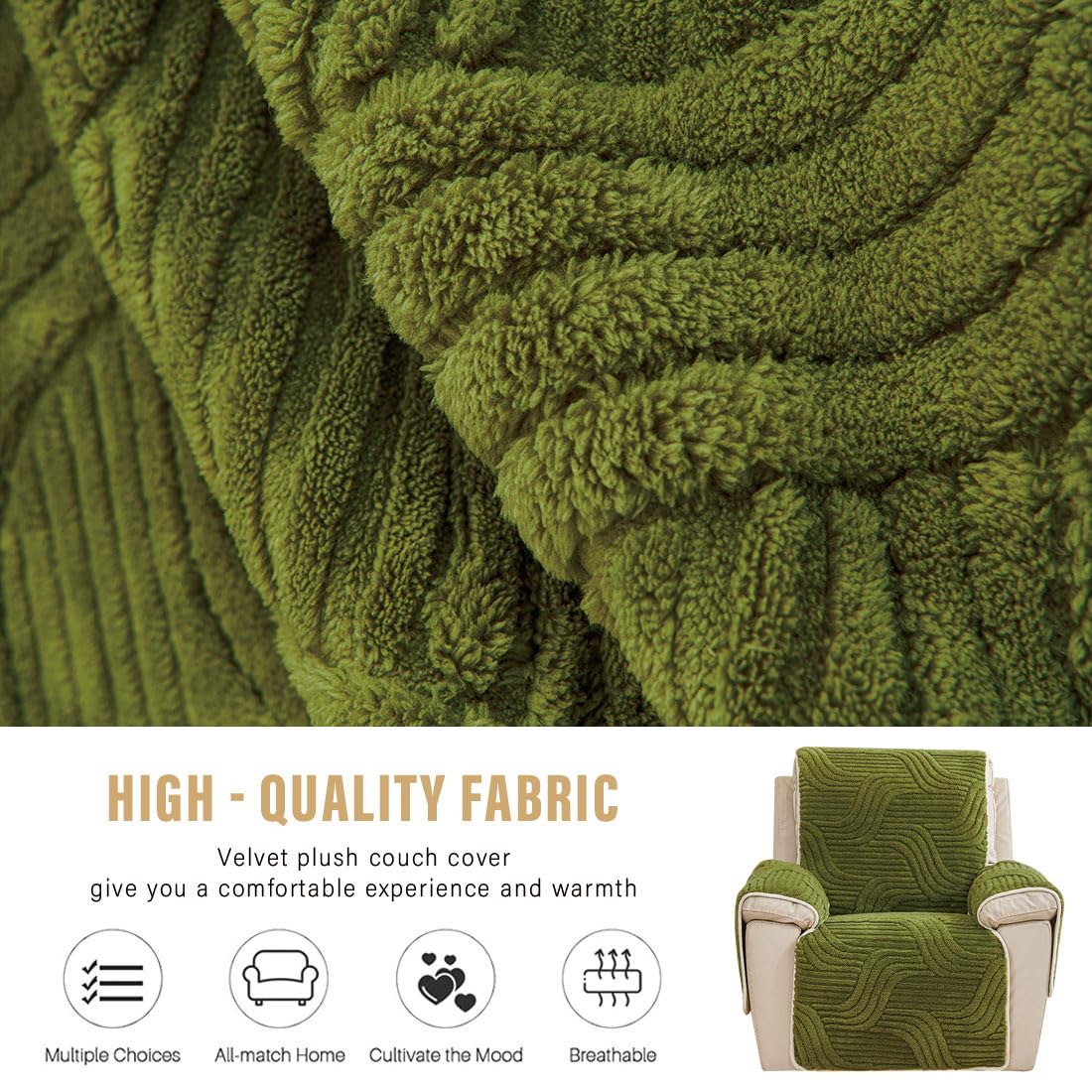 Funda de Sofá Reclinable de Felpa, Suave Y Esponjosa, de Jacquard, con Correas Elásticas para Niños Y Mascotas, Color Verde