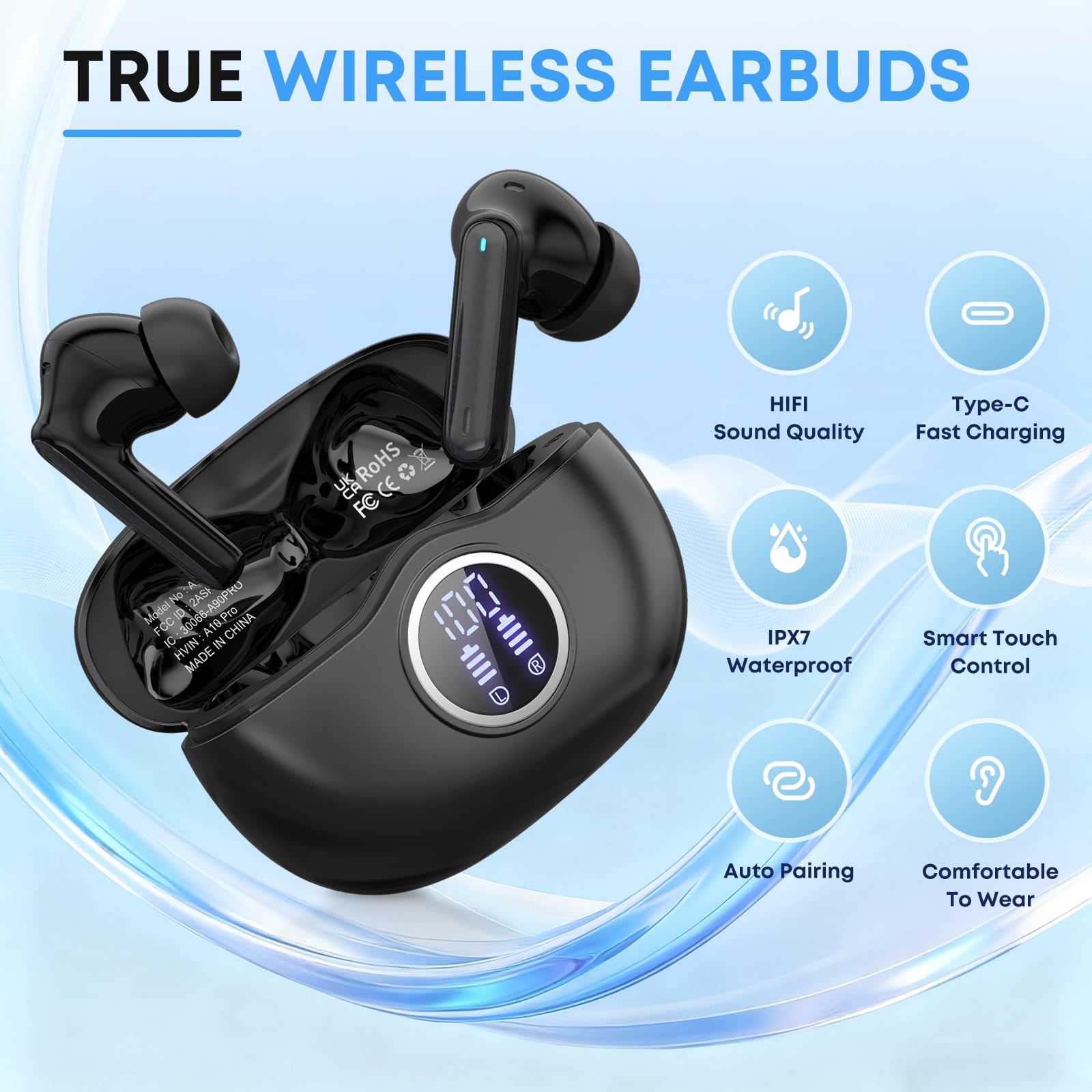 Wireless Earbuds, Bluetooth 5.3 Headphones HiFi Stereo 50H Playback LED Digital Display Ear Buds with ENC Noise Canceling Headset, IPX7 Waterproof Earphones for Gym/Running/Work Black - 3
