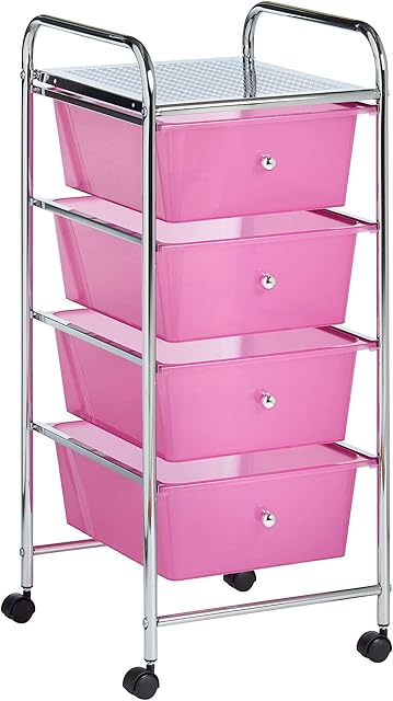 VonHaus 4 Drawer Plastic Storage Trolley, Multipurpose Storage Drawer Rolling Cart, Unit for Home Office Stationery Organisation, Make-up, Beauty - Mobile Design 4 Tier Shelving Castor Wheels (Pink)