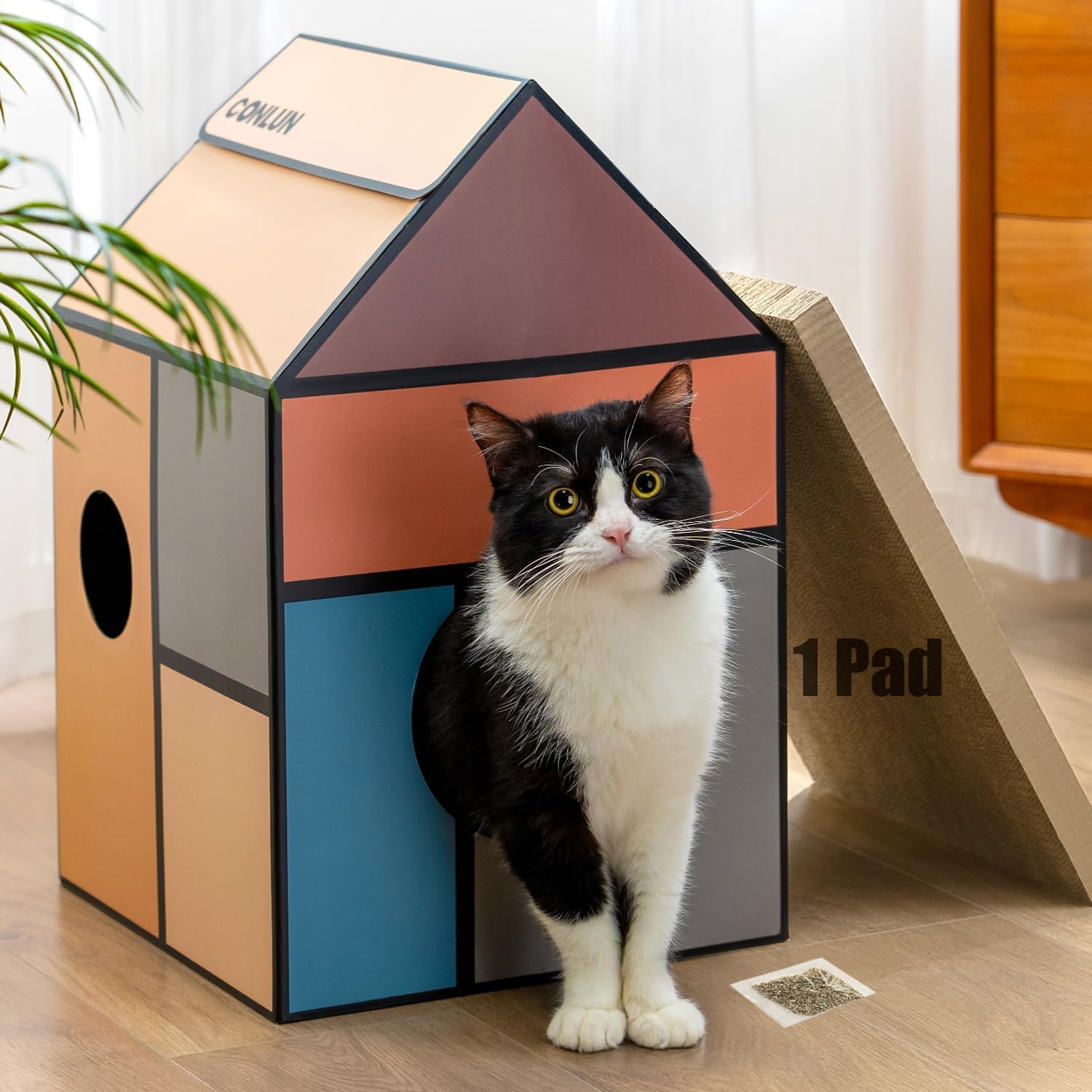 Conlun Casa de Cartón Todo-en-Uno para Gatos: Rascador, Cama y Juguete con Catnip - Diversión Garantizada, Mediano Global Recycled Standard Global Recycled Standard Global Recycled Standard