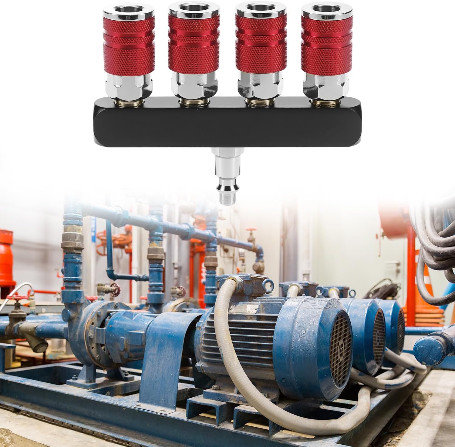 QWORK 4-Way Straight Air Manifold, 5 Ports, 1/4" NPT, Aluminum Line Type Air Compressor Splitter with 4 Couplers & Plugs