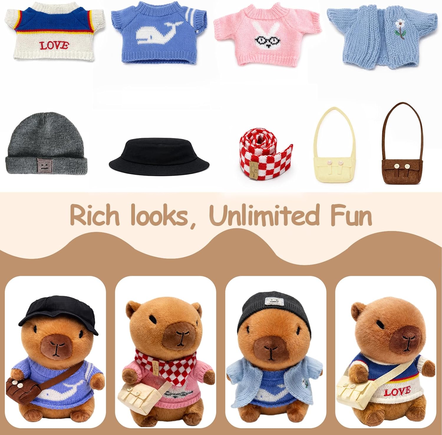 10.2" Brown Capybara Plush Toy with 9 Clothes and Accessories Super Soft Capybara Stuffed Animal for Kids Girls Boys (Blue Capybara)