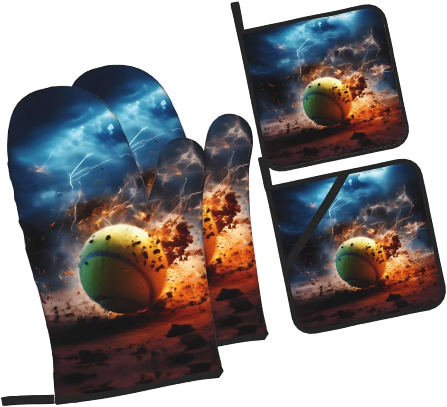 Lightning Tennis Printed Oven Mitts + Potholders 4-Piece Set - Great for BBQ Party Cooking