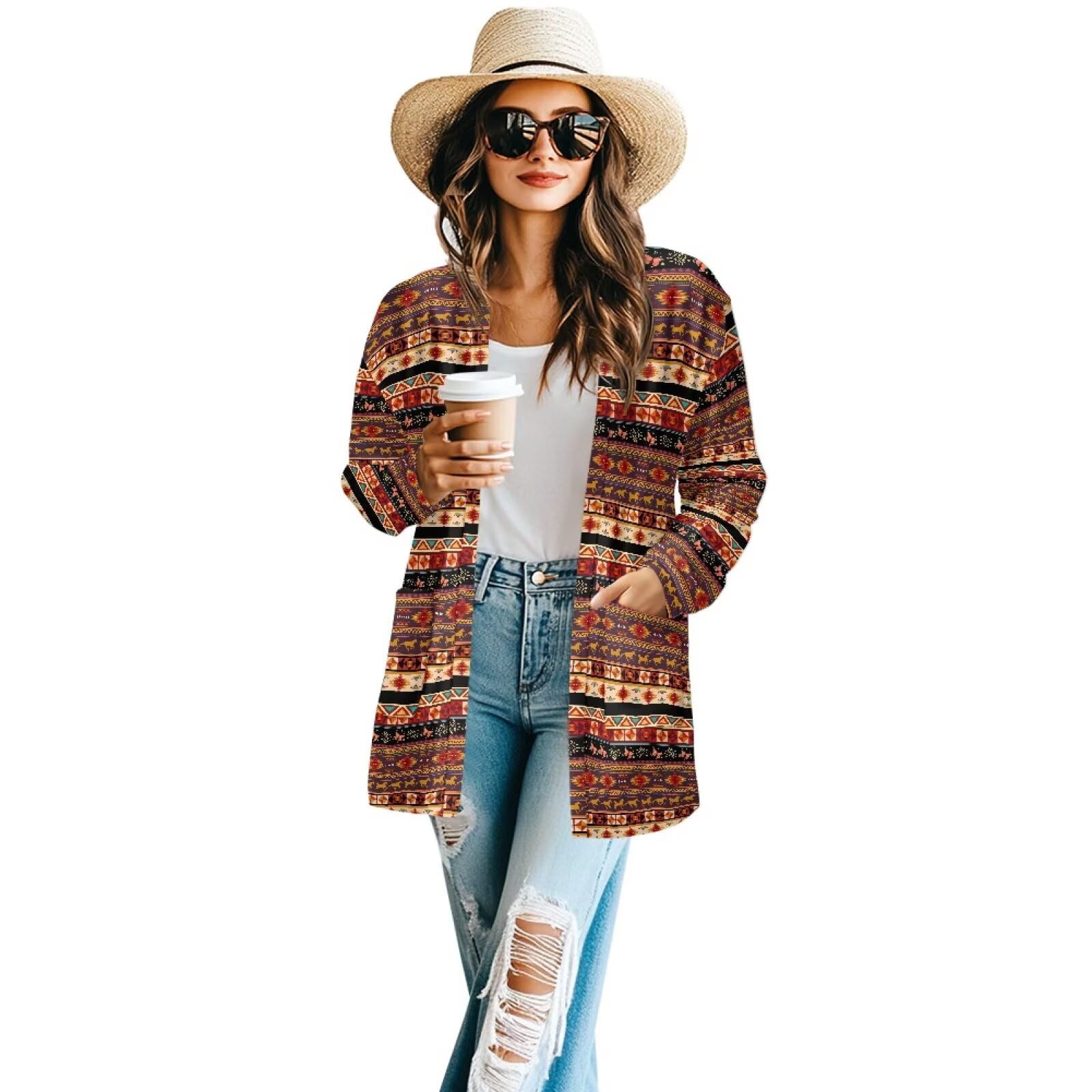 Women's Aztec Open-Front Jacket Lightweight Casual Outerwear Native Western Aztec Pattern &amp; Plaid Houndstooth Print