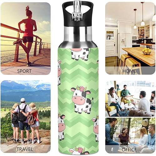 Miniatura 5 de Stainless Steel Vacuum Insulated Water Bottle 20 Oz, Leakproof Water Bottles for Gym Outdoor Travel School, Cute Cartoon Cows Green