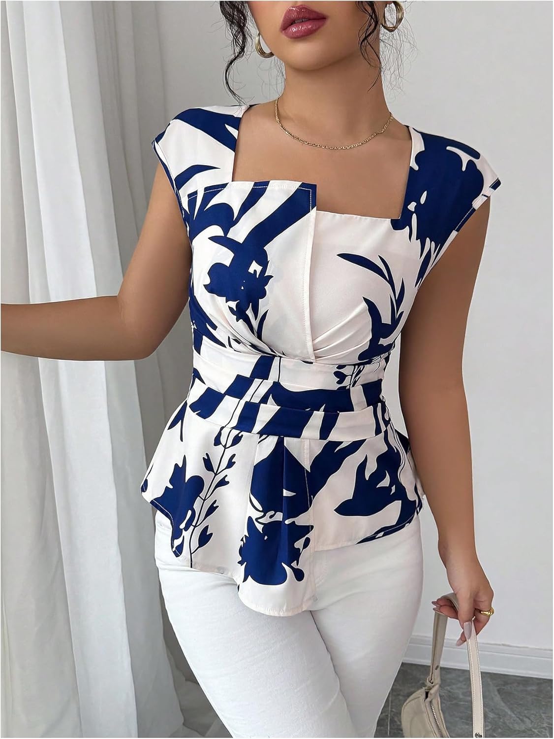 SOLY HUX Women's Summer Print Blouse Square Neck Cap Sleeve Peplum Asymmetrical Casual Work Tops - Image 4